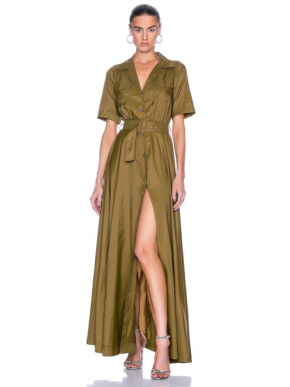 STAUD Millie khaki green belted maxi shirtdress size 8